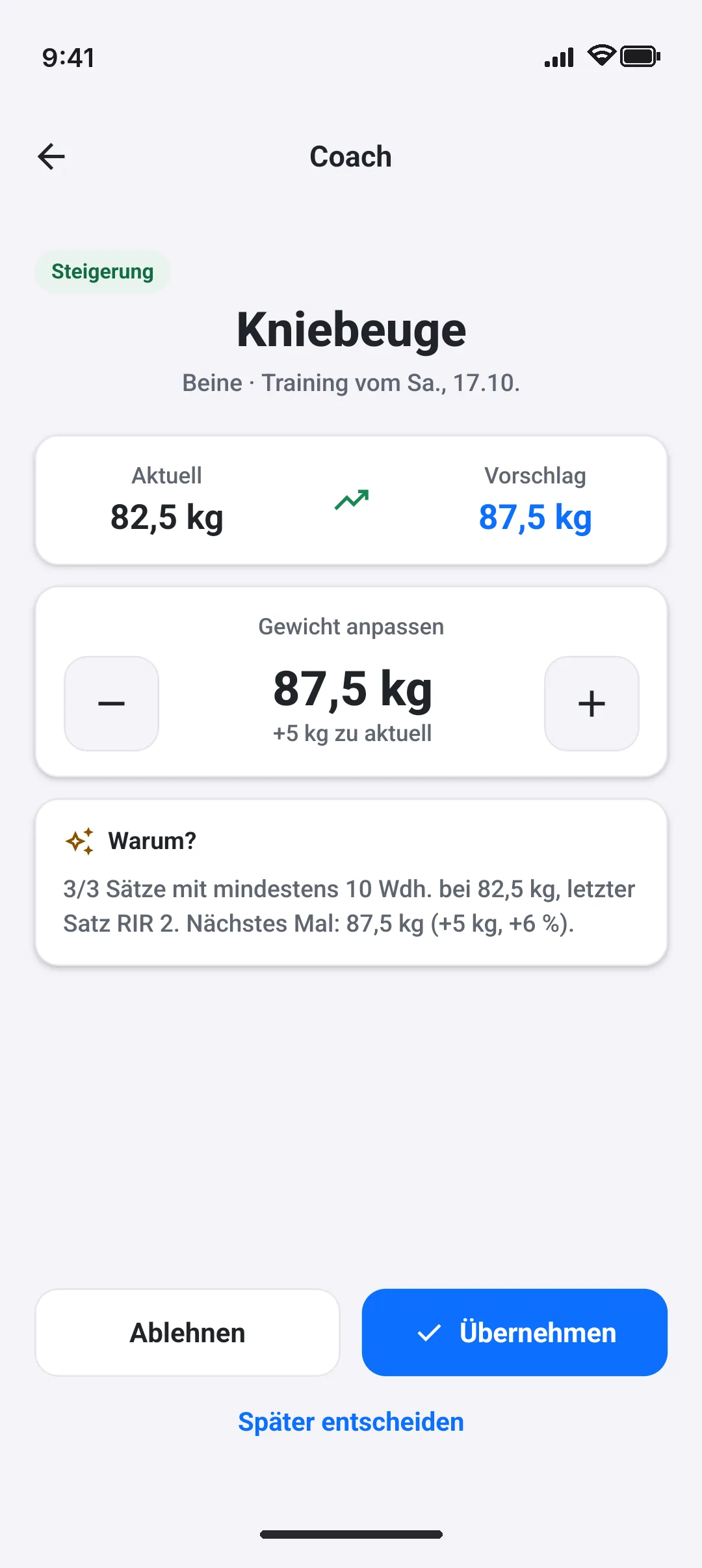 Musclytics-App: Coach schlägt nach dem Training das nächste Gewicht vor, mit Begründung aus deinen Sätzen