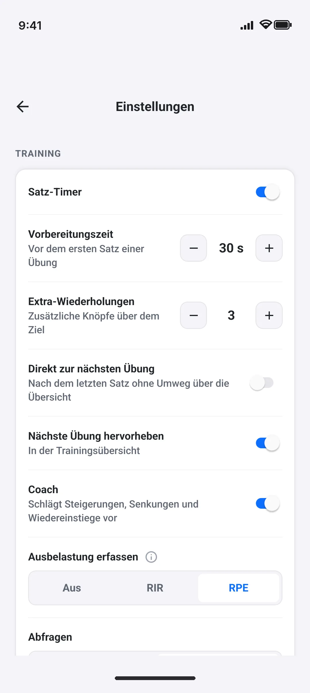 Musclytics-App, Bildschirm Einstellungen: RIR, RPE oder aus – und für welchen Satz.