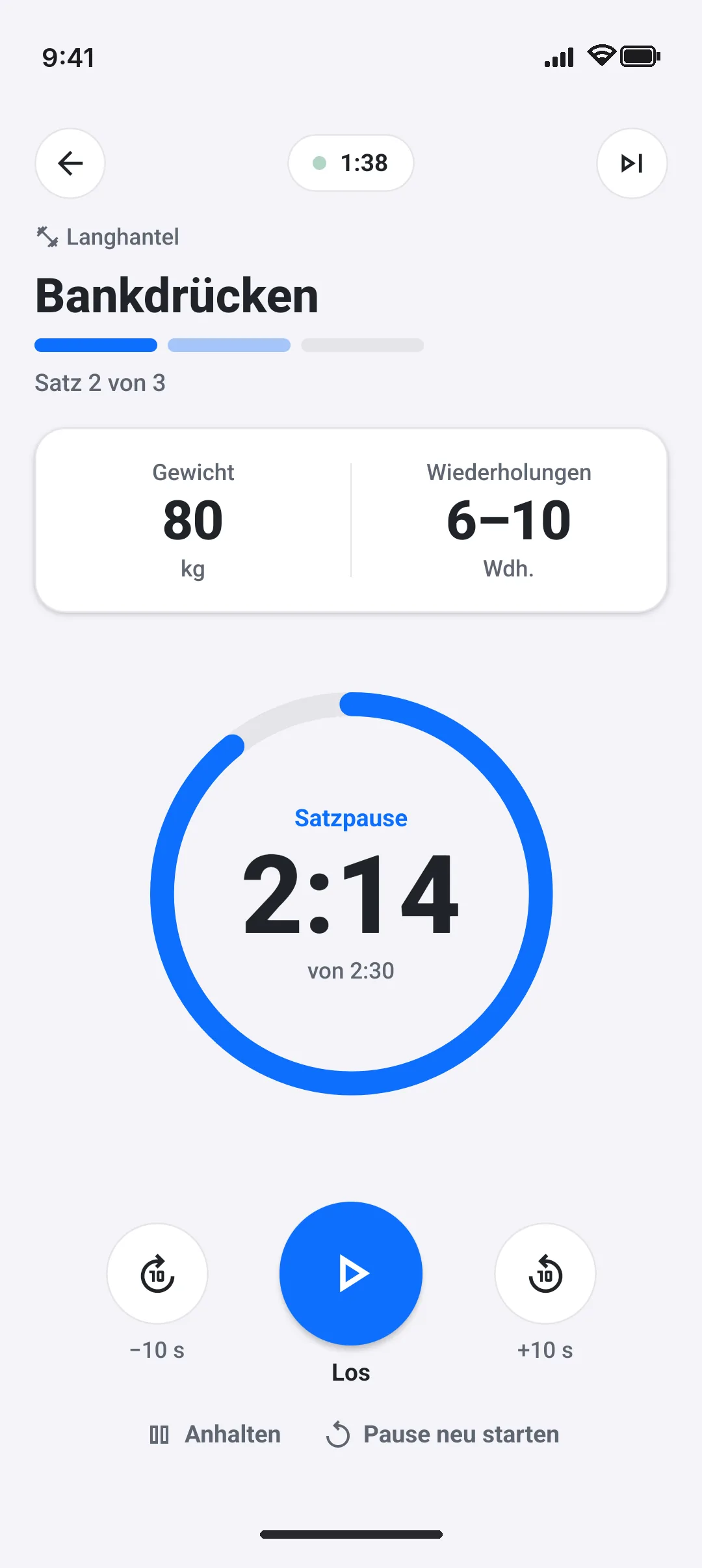 Musclytics-App, Bildschirm Satzpause: Der Timer läuft – auch bei gesperrtem Bildschirm.