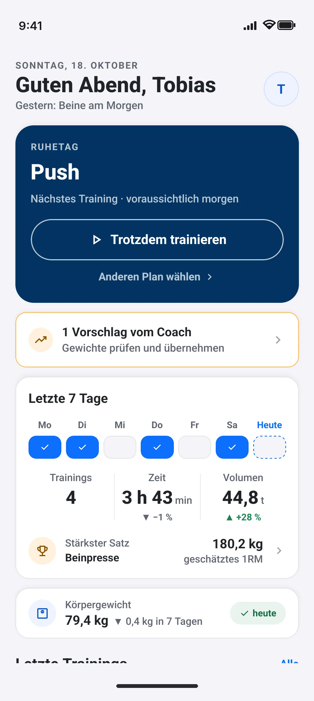 Musclytics-App: Startseite mit nächstem Training und Coach-Vorschlägen