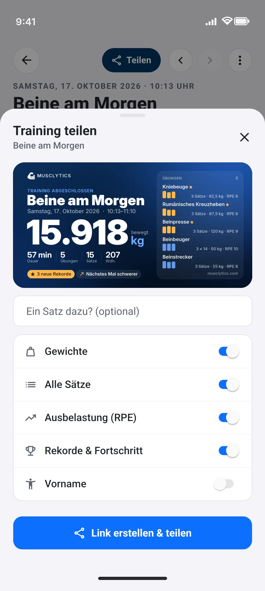 Musclytics-App, Bildschirm Teilen: Training oder Plan als Link mit Vorschaubild.