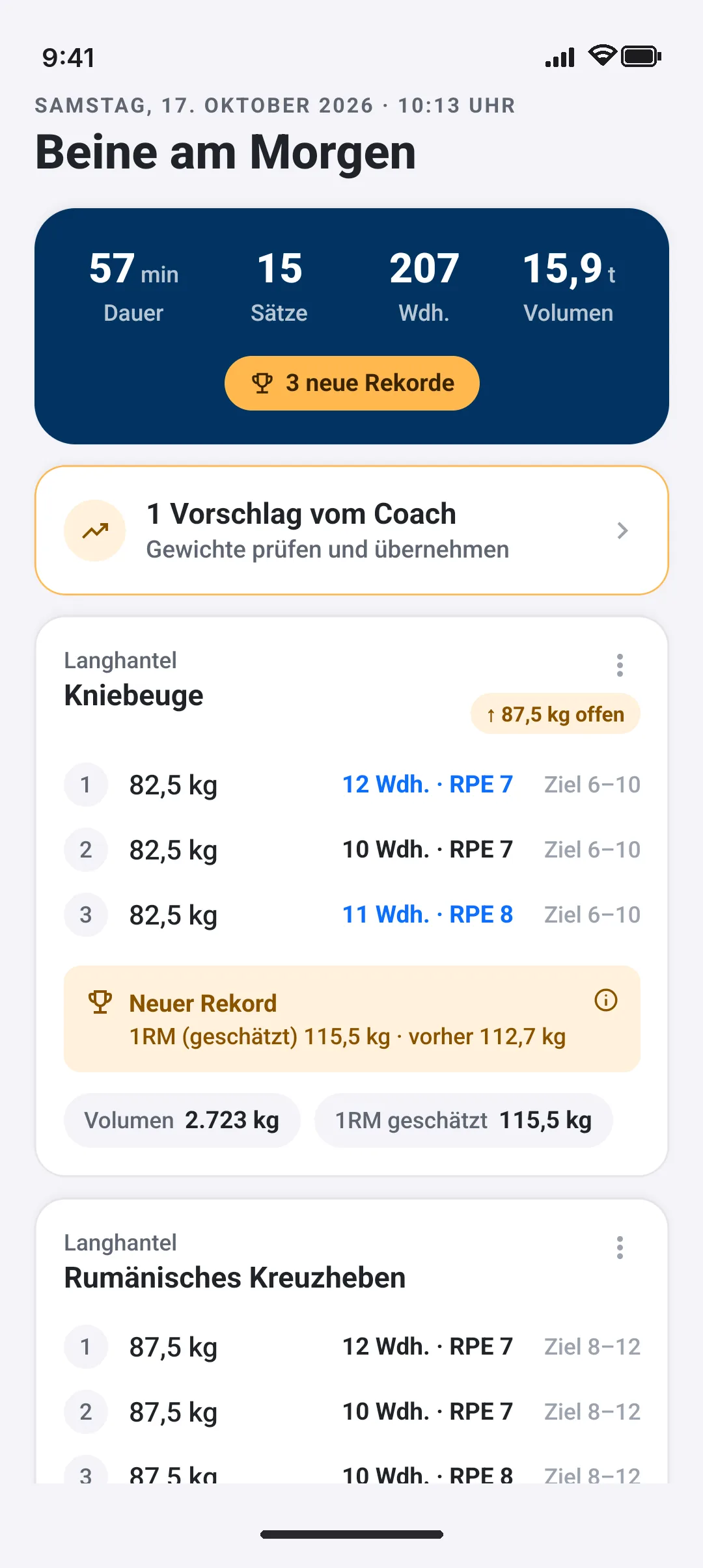 Musclytics-App, Bildschirm Verlauf: Jeder Satz mit Gewicht, Wiederholungen und RPE.