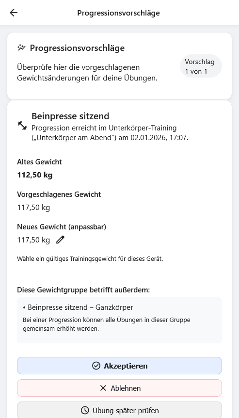 Screenshot Progressionsvorschlag