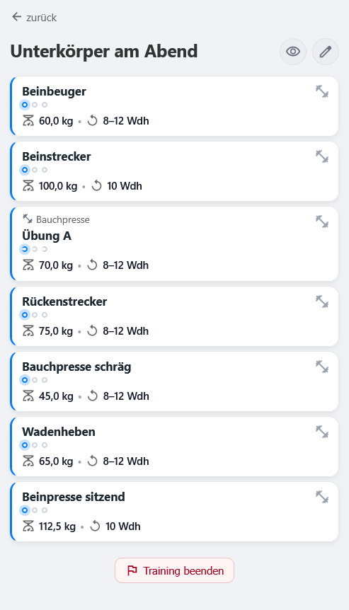 Screenshot Trainingsübersicht